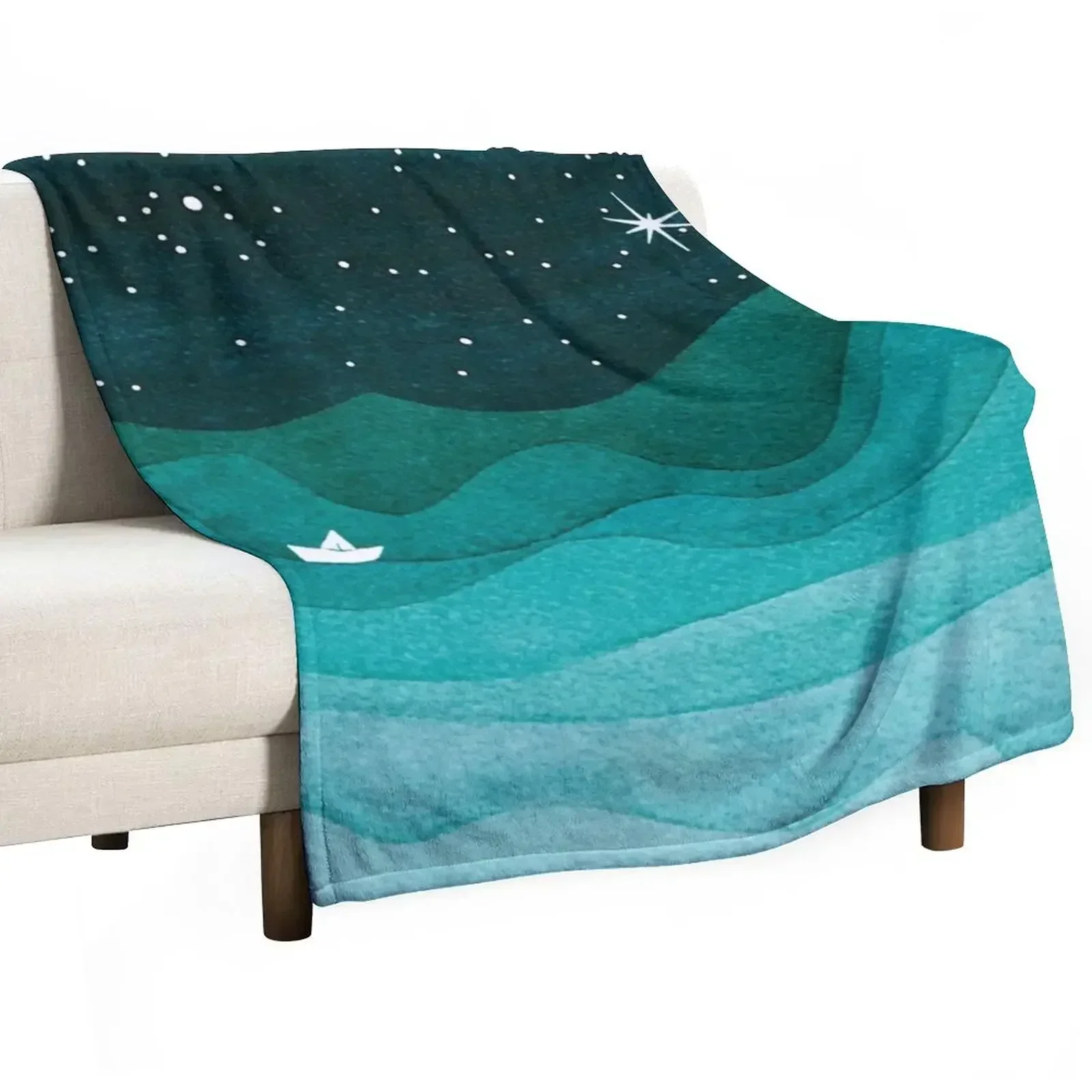 

Starry Ocean, teal sailboat watercolor sea waves night Throw Blanket Plush decorative Thin Summer Blankets