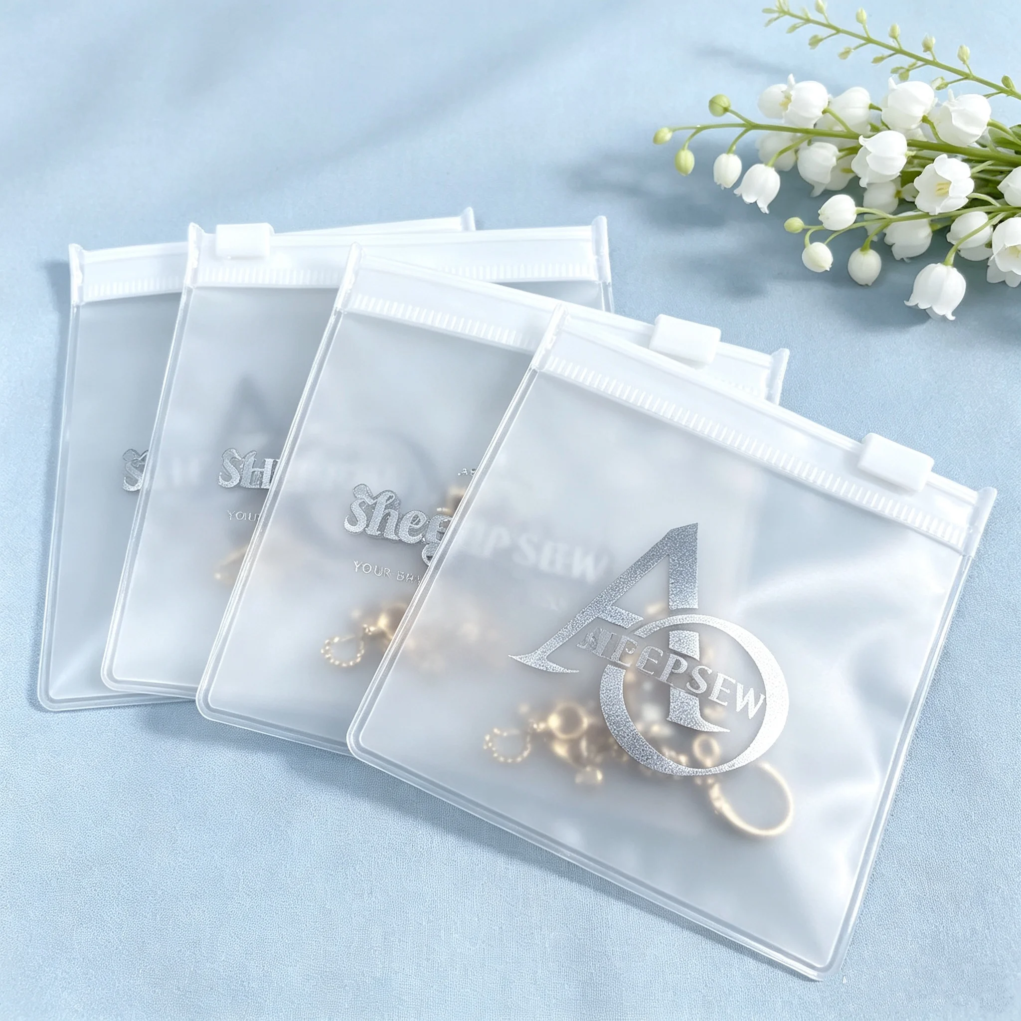 50pcs Custom Small Zip Bags Jewelry Packaging Bag with logo , PVC Frosted Jewelry Zipper Plastic Zip Lock Bag for Earrings