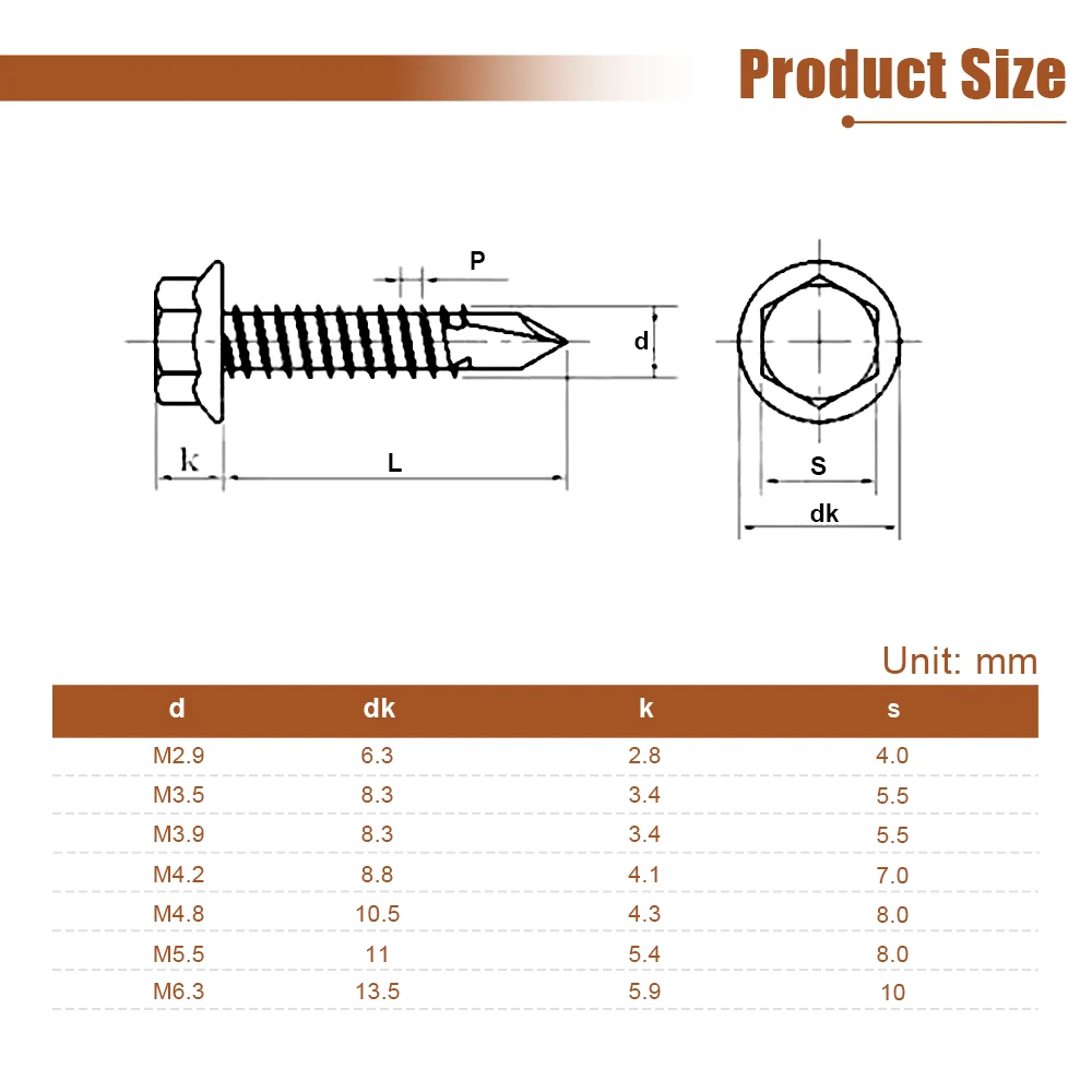 5/10/20 قطعة مسامير الحفر الذاتي برأس الغسالة السداسية 410 مسامير TEK من الفولاذ المقاوم للصدأ # 8 # 10 # 12 # 14 مسامير معدنية ذاتية التنصت