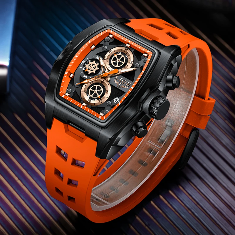 LIGE Fashion Silicone Watch Men Casual Business Military Watches For Men Top Brand Luxury Sports Square Chronograph Montre Homme
