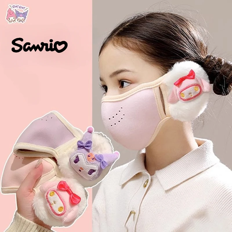 Sanrio Kawaii Cotton Warm Mask Cartoon Anime My Melody Kuromi Children's Ear Mask Integrated Cold Proof and Velvet Mask