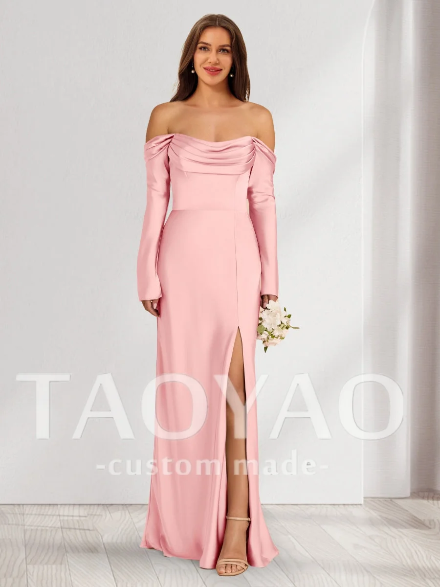 

Princess Mermaid Pink Evening Dresses Vintage Strapless Long Sleeves Pleated Boat Neck Prom Gowns Robe De Soirée Customized