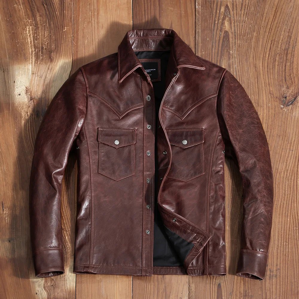 shipping.Brown Batik leather Free jacket men's Slim Fit Shirt.oil wax American Retro Leather Jacket.quality vintage cowhide coat