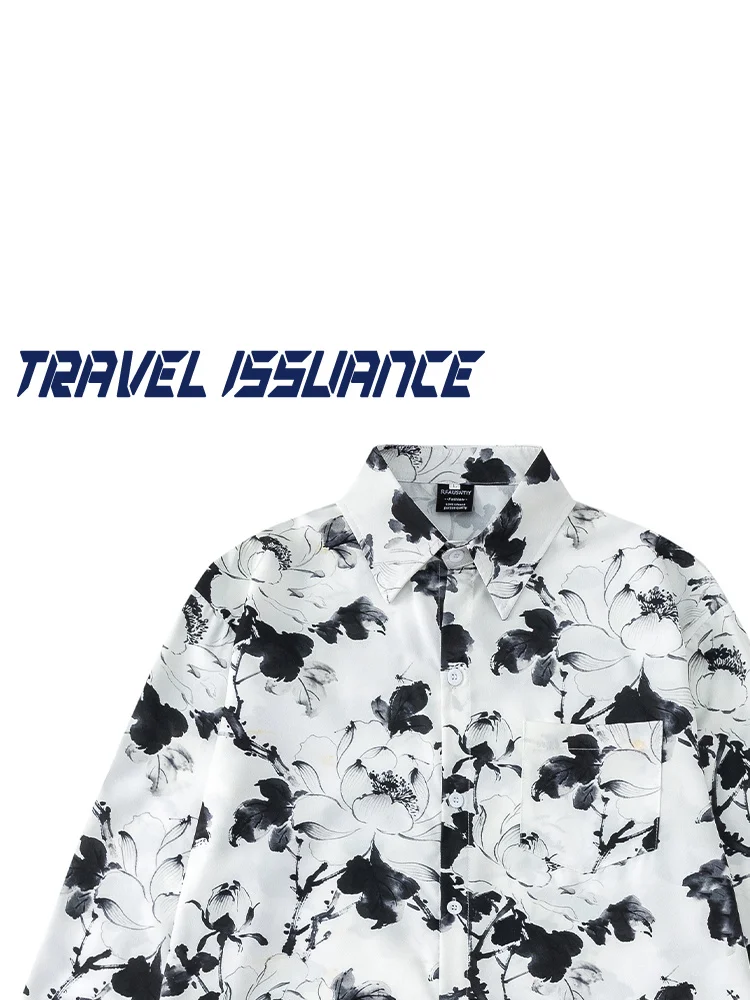 Travel Issuance Casual Long Sleeve Floral Print Loose Shirt Unisex BF Style Polyester Fiber Spring Autumn Wear for Youth