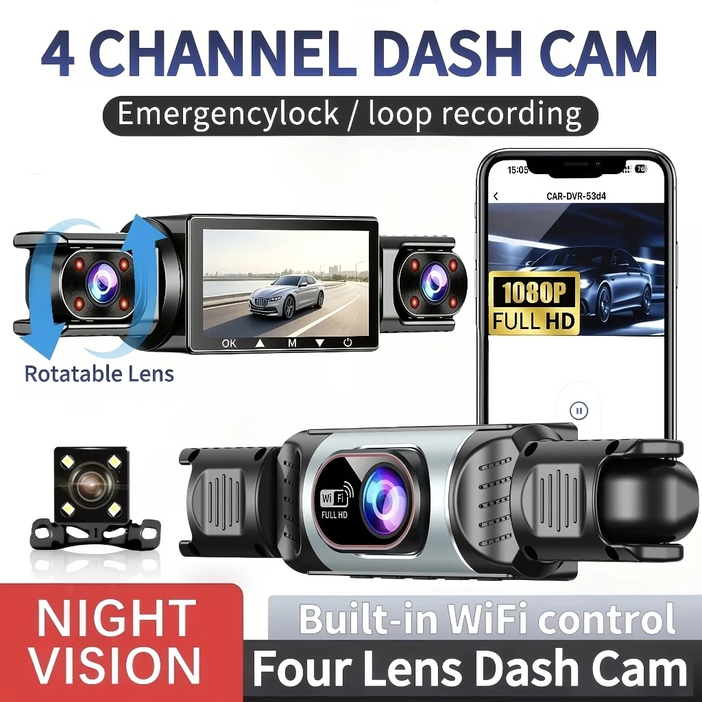 3‑4‑Channel Panoramic Dash Cam, 1080P+720P Multi‑Lens, Blind‑Spot Coverage, Wi‑Fi Real‑Time Playback for Driving Evidence