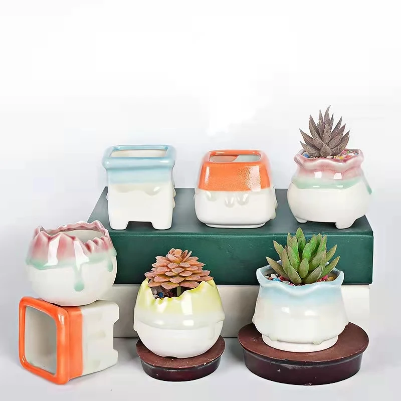 Korean Lovely Egg Shaped Flow Glazed Ceramic Succulent Flowerpot Simple Desktop Green Plant Round Basin Home Creative Gardening