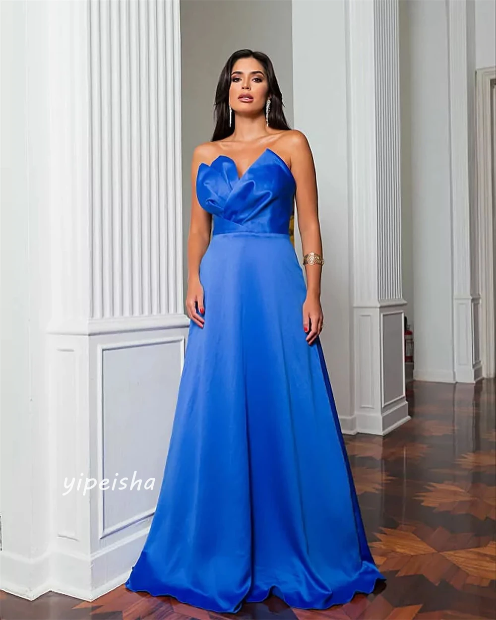 Satin Ruched Christmas A-line Strapless Bespoke Occasion Gown Long Dresses