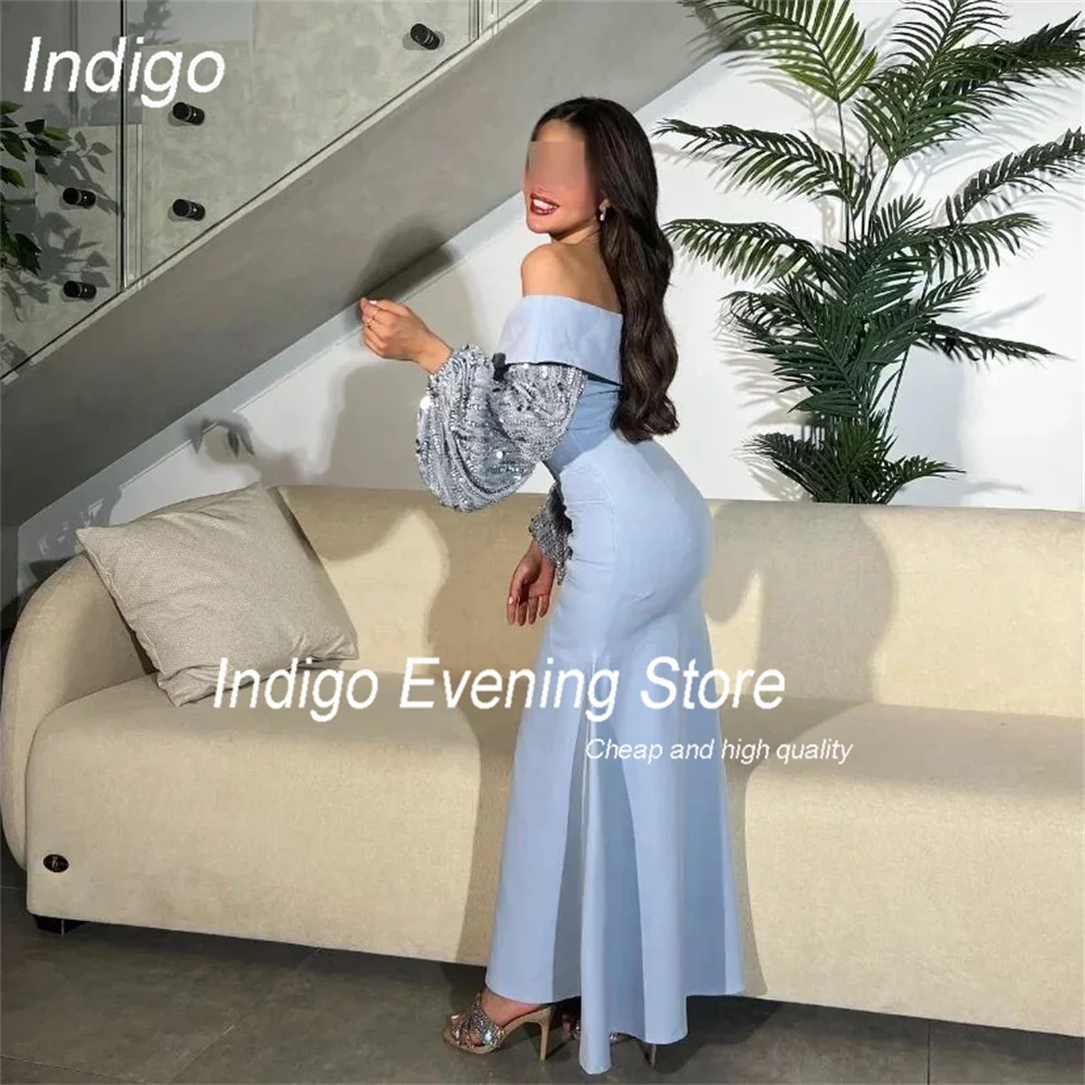 Indigo elegante sereia fora do ombro manga longa aberto volta renda vestido de noite festa vestido de baile formal فساتṁ1] personalizado