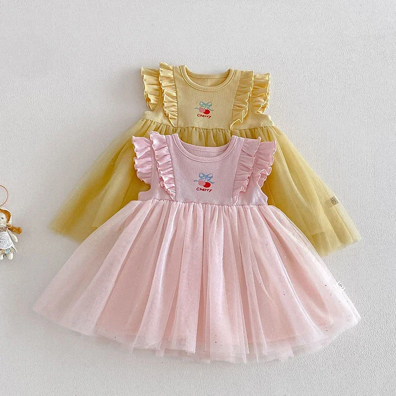 2026 New Summer Sister Clothing 1-5Yrs Baby Girl Birthday Party Dress Short Sleeved Cotton Mesh Splicing Kids Princess Dresses