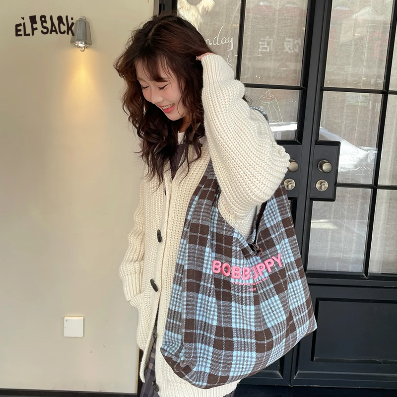 ELFSACK Y2K coréen Plaid lettre broderie grande capacité sac fourre-tout pour les femmes
