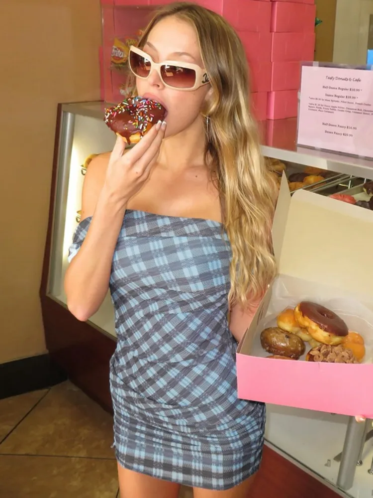 Mozision geruite print een schouder sexy mini-jurk damesjurk elegante rugloze mouwloze trekkoord ruches club feestjurken