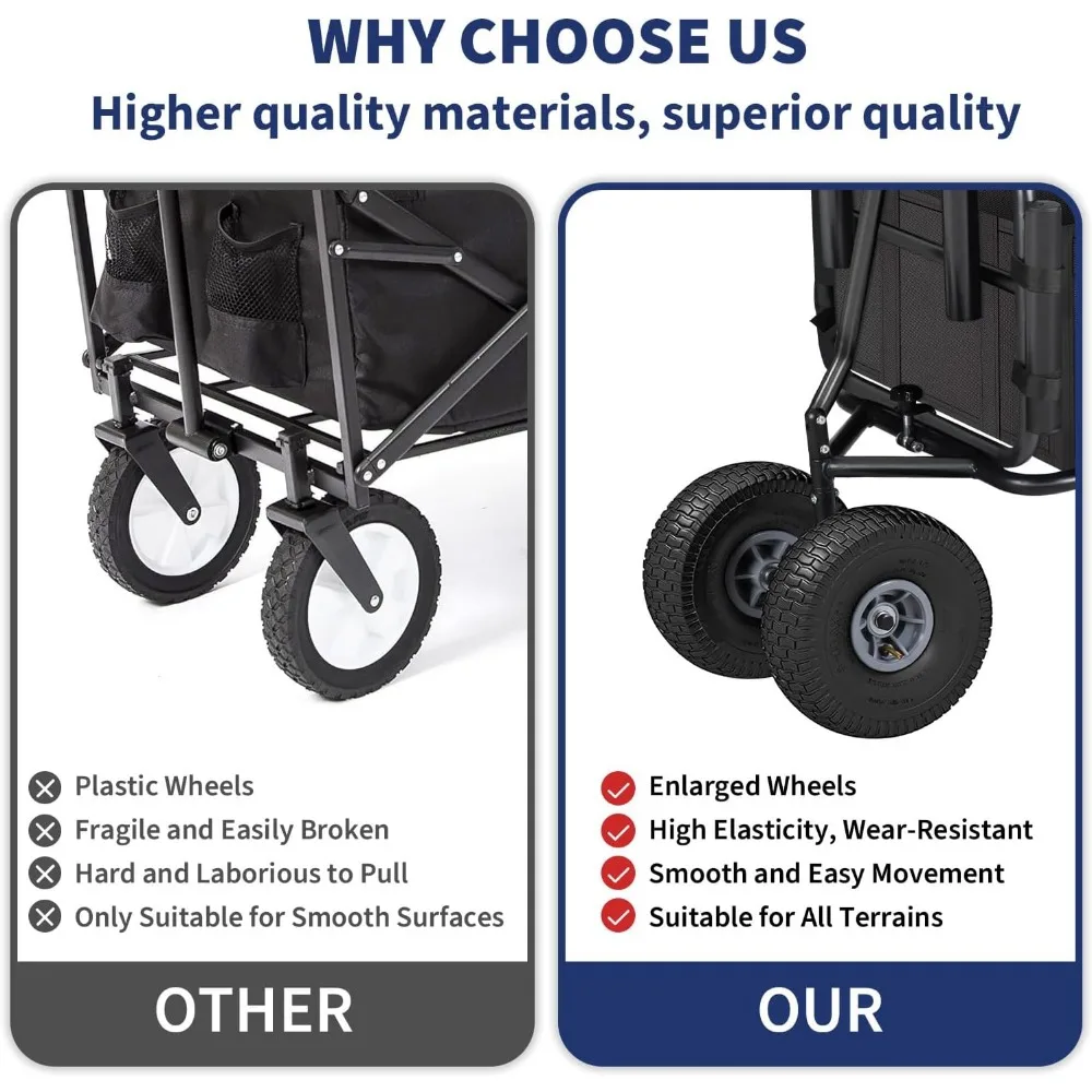 عربة شاطئ قابلة للطي لجميع التضاريس مع عجلات مقاس 11 بوصة للرمل، عربة حديقة شديدة التحمل مع حامل صنارة الصيد، مثالية للخارج