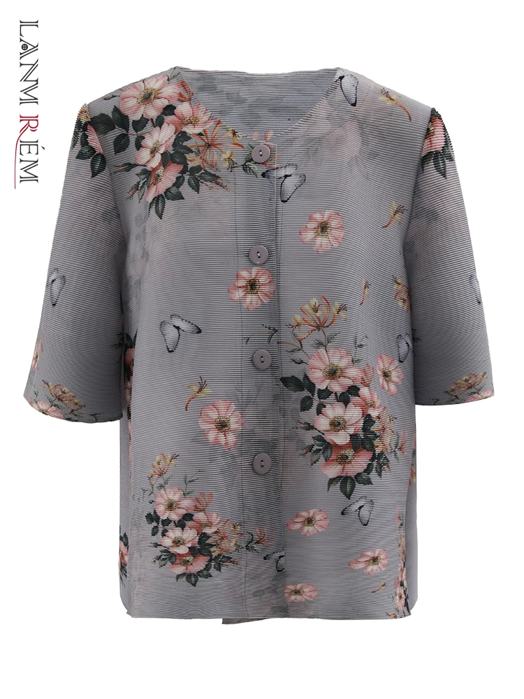 

LANMREM Chinese Style Pleated Shirt Women Round Neck Floral Print Single Breasted Tops Casual 2024 Summer New Clothing 32C1165