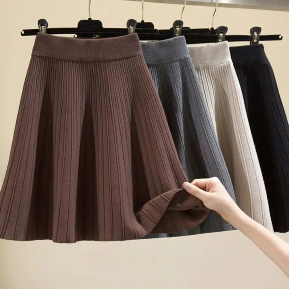 

Autumn Winter Knitted Mini Skirts Women Korean High Waist A Line Pleated Skirt Woman Short Skirts ﻿High Waist Women A-Line Skirt