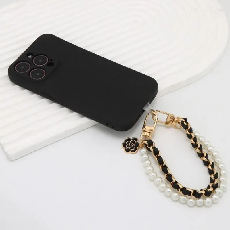 Elegant Double Layer Imitation Pearl Keychain Sweet Leather Chain Keyrings Bag Ornaments Accessories Wrist Hanging Phone Pendant