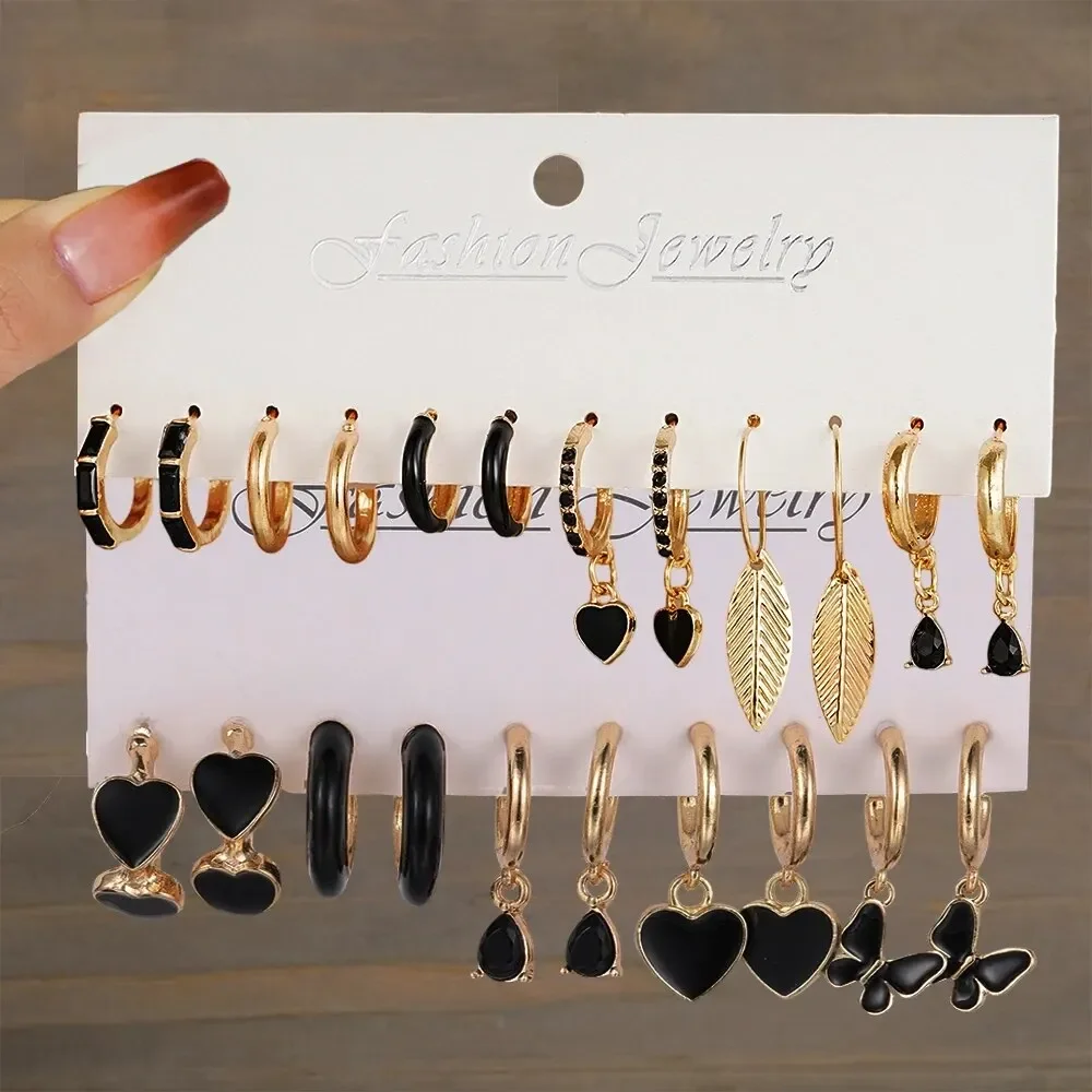 Simple 11 Pcs Black Heart Leaf Butterfly Earrings Set for Women Fashion Temperament Hoop Earring Holiday Wedding Jewelry Gift