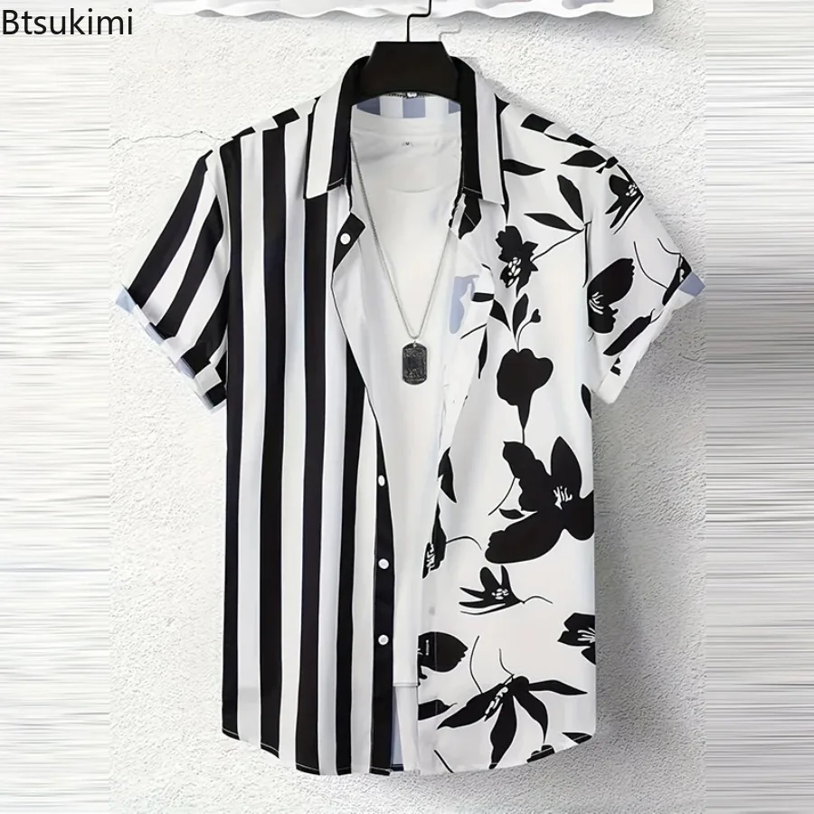 New Men's Hawaiian Printed Shirts Summer Retro Floral Striped Patchwork Short Sleeve Cardigan Tops Light Luxury Fashion Blouse