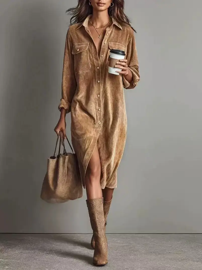 Winter Women Corduroy Dress - Retro Solid Ribbed Elegant Single Breasted Lapel Shirt Dress with Slit, Long Sleeve Female Clothi