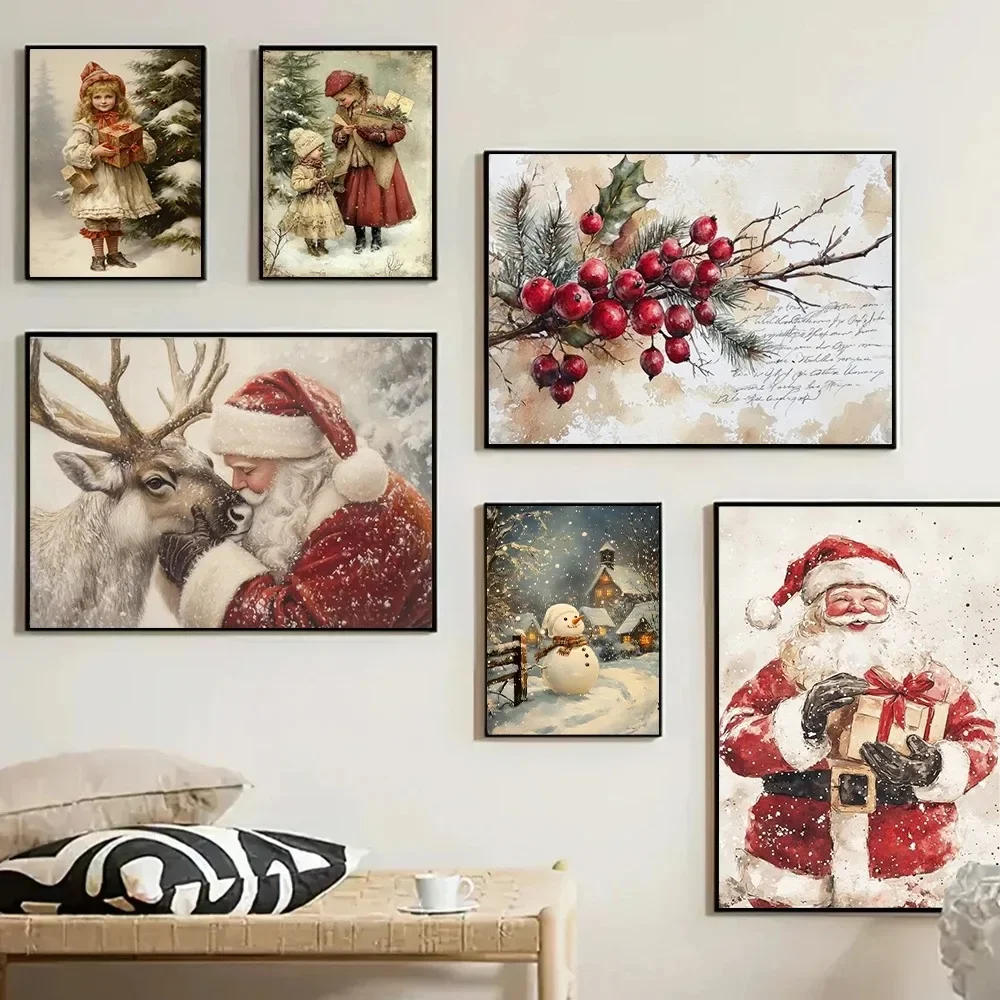 1pc frameless Canvas Painting Vintage Christmas Poster Print For Living Room Winter Xmas Santa Claus Decoration Merry Christmas