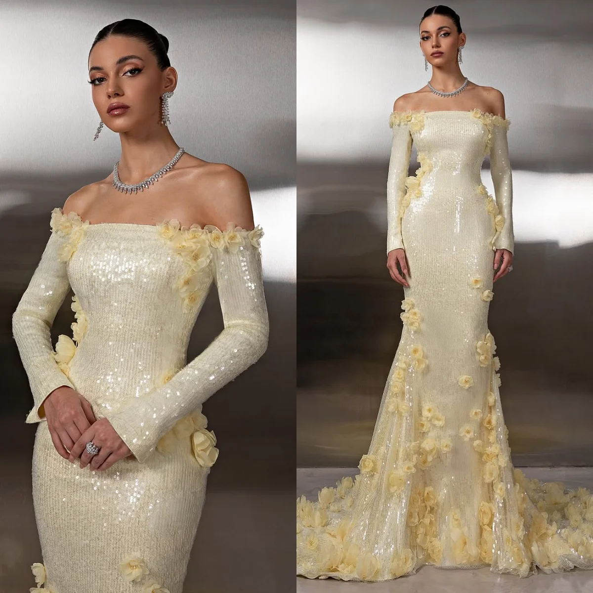 

Индивидуальное вечернее платье с открытыми плечами, фасон «русалка», с 3D цветами и пайетками, желтое, для выпускного вечера, нарядное, для женщин, свадебное платье