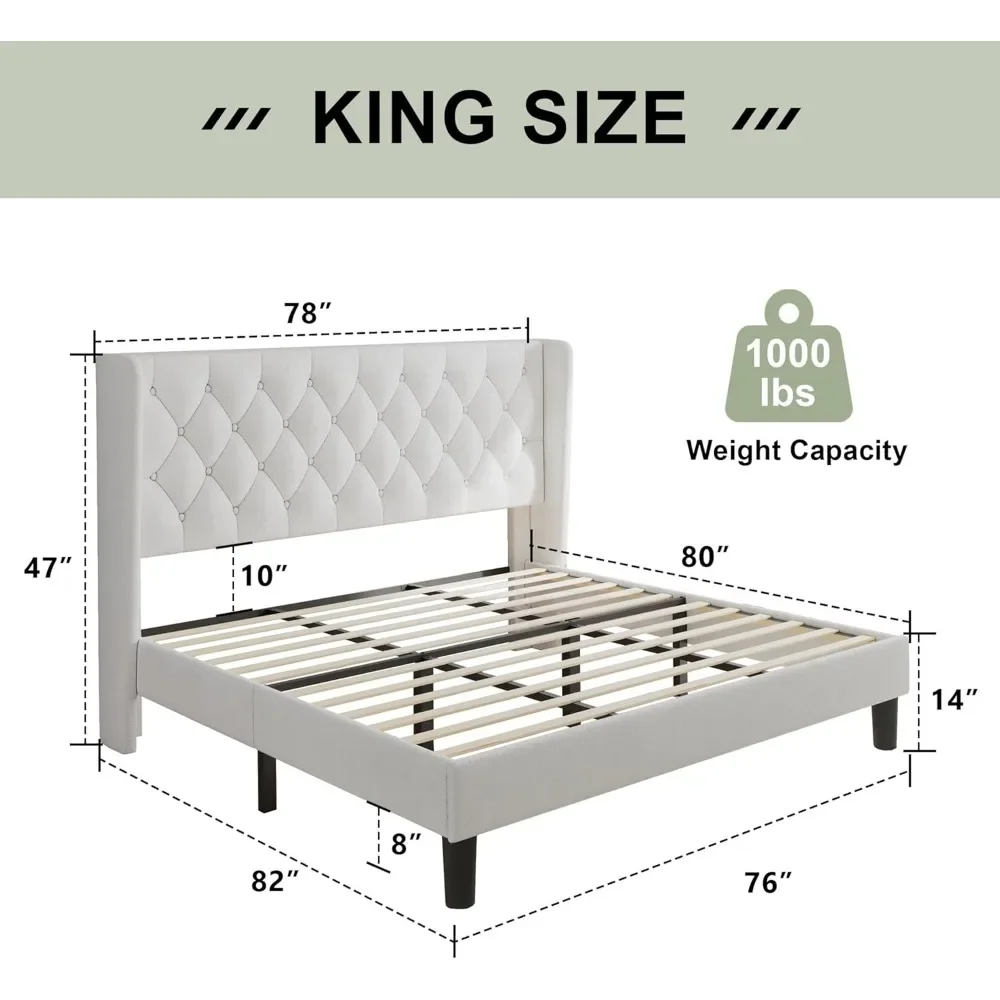 King Size Bed Frame with Wingback | Upholstered Platform Bed with Diamond Tufted Headboard | Heavy Duty Design