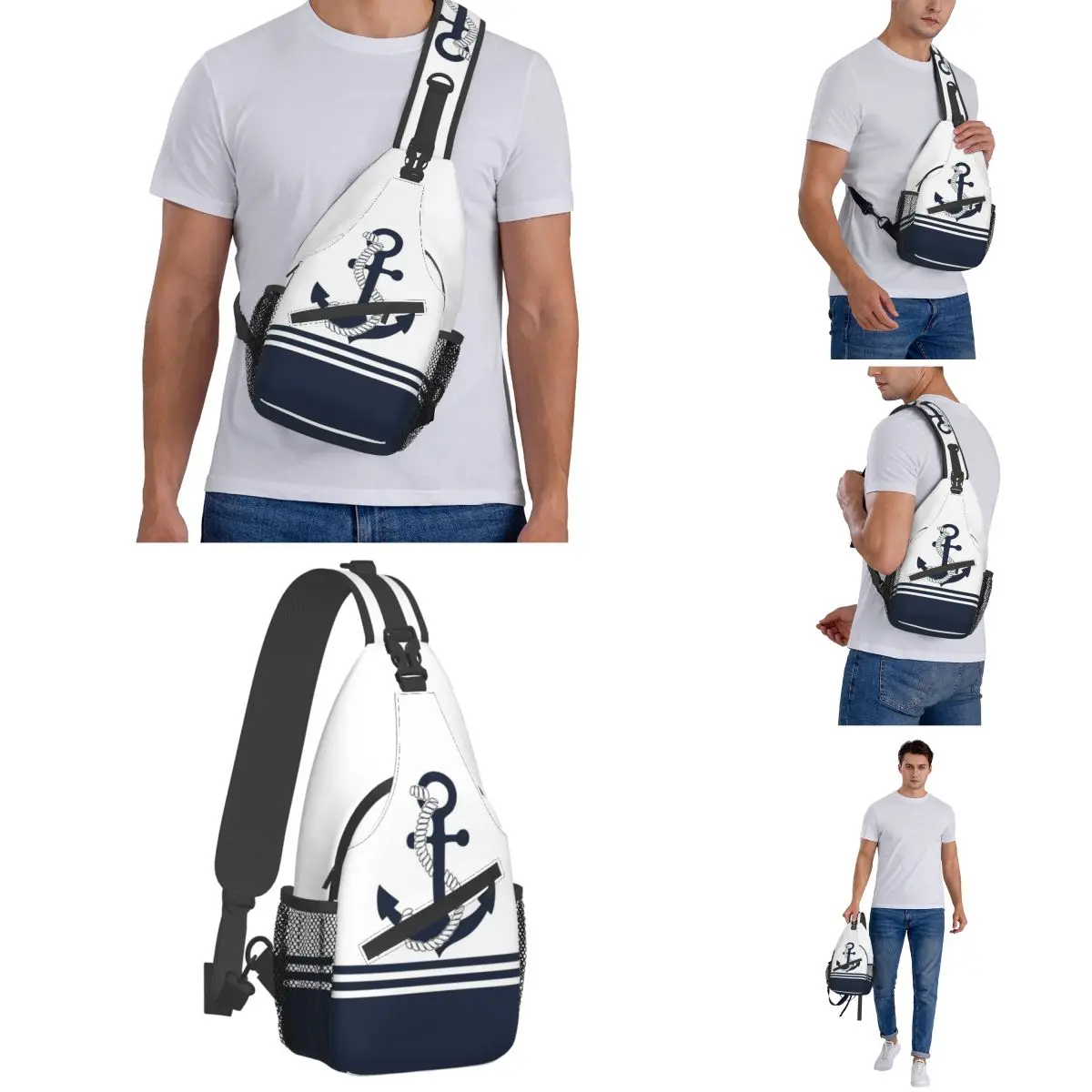 Nautische Blauwe Anker Crossbody Sling Bags Smallchest Tas Marine Streep Schouder Rugzak Dagpack Reizen Wandelen Sporttas