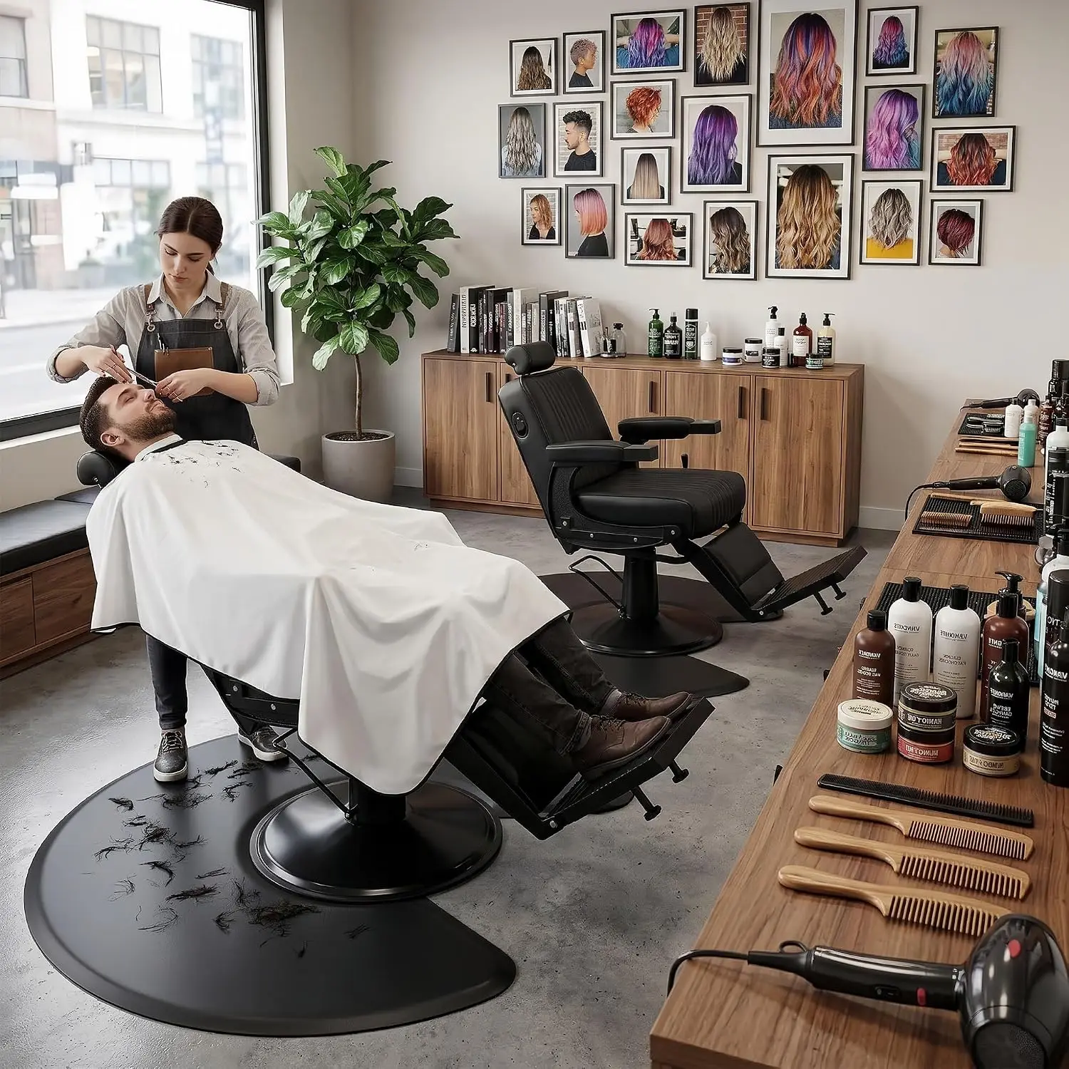 Retro Barber Chair Black Metal Frame Wide Cushion Removable Headrest Professional Hair Braiding Styling, Customized