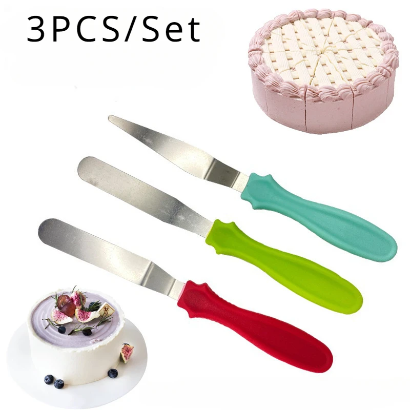 3pcs/set Cake Offset Spatula Stainless Steel Icing Spatula with PP Plastic Handle Cake Decorating Frosting Spatula Baking Tools