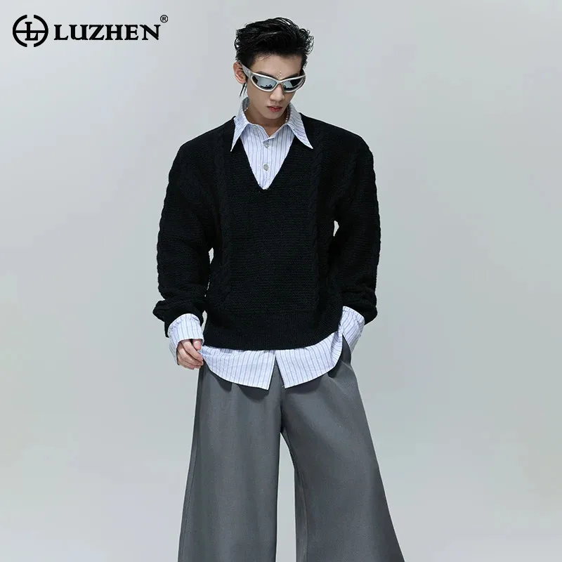 LUZHEN Fake Two Piece Design Stripe Shirts V Neck Knitted Pullover Men's Fashion Handsome Clothes 2026 Autumn New Sweater JY9551