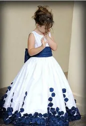 Dark Blue Appliqué White Satin Flower Girl Dress Butterfly   With kids Party Pageant Dress Wedding First Communion Dress