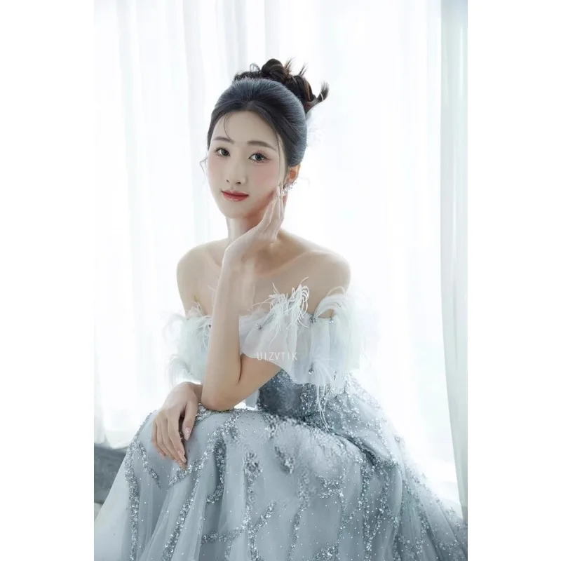 فساتين سهرة نسائية مكشوفة الكتفين ريش باتو مطرز للحفلات مناسبة رسمية طويلة فستان تول أنيق لحفلات الزفاف