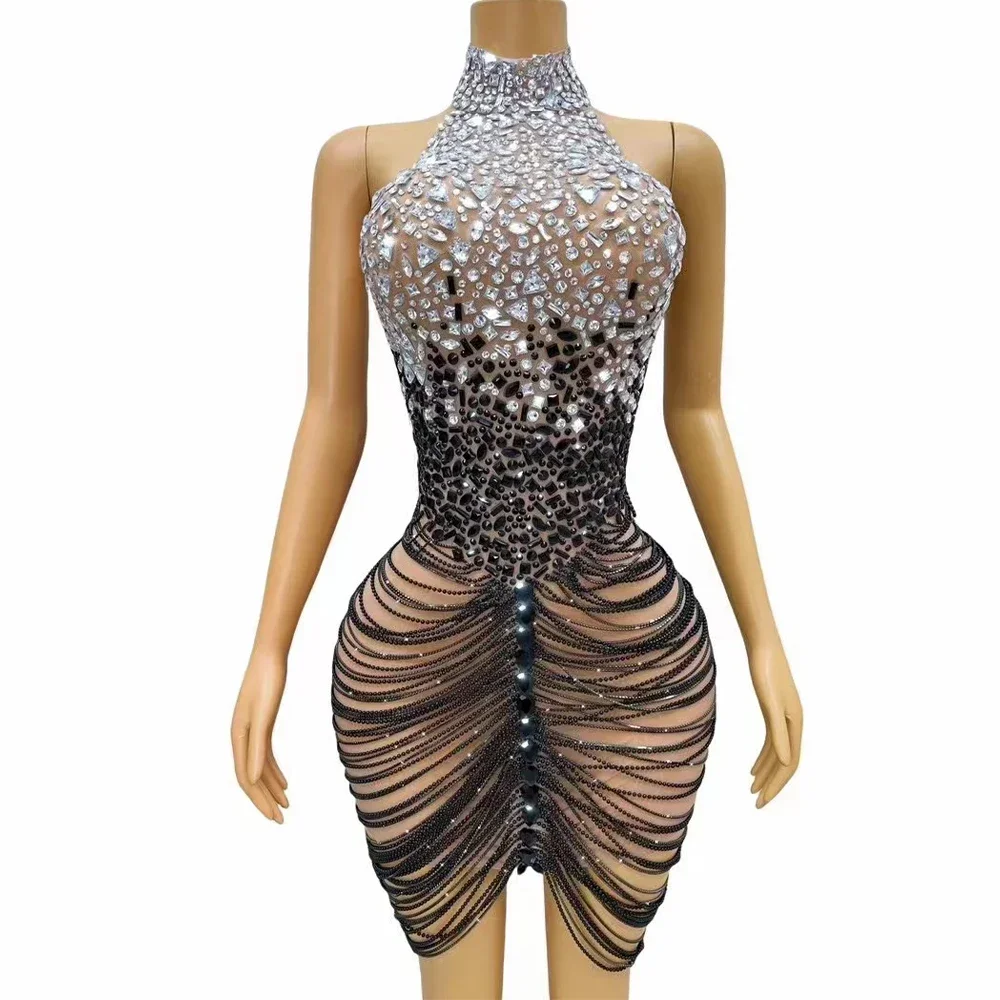 Luxurious Silver Black Rhinestones Chians Sleeveless Dress Sexy Dance Stage Birthday Wedding Beads Handmade Photoshoot Costume