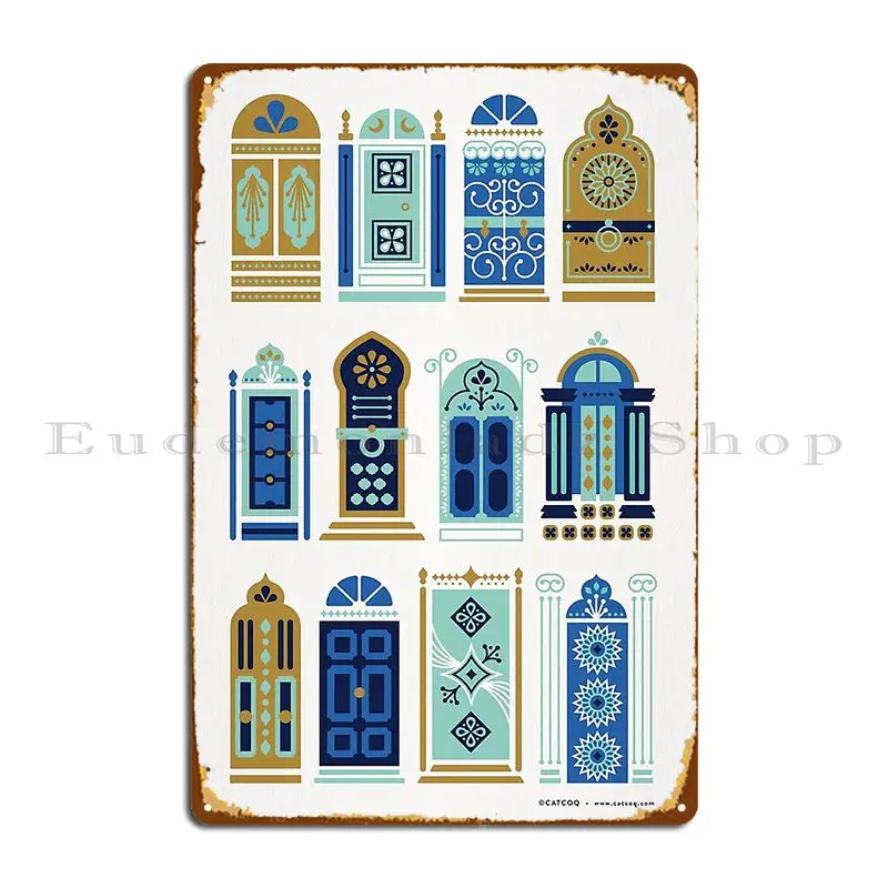 Moroccan Doors Blue And Gold Palette Metal Sign Garage Wall Cave Personalized Classic Wall Decor Tin Sign Poster