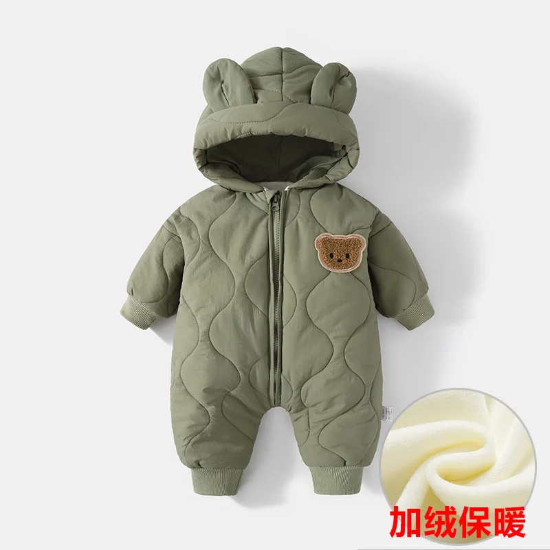 Winter Baby Padded Rompers Infant Boys Girls Outwear Clothing Fur Lining Warm Thick Jumpsuit Toddler Cartoon Bear Hooded Coats