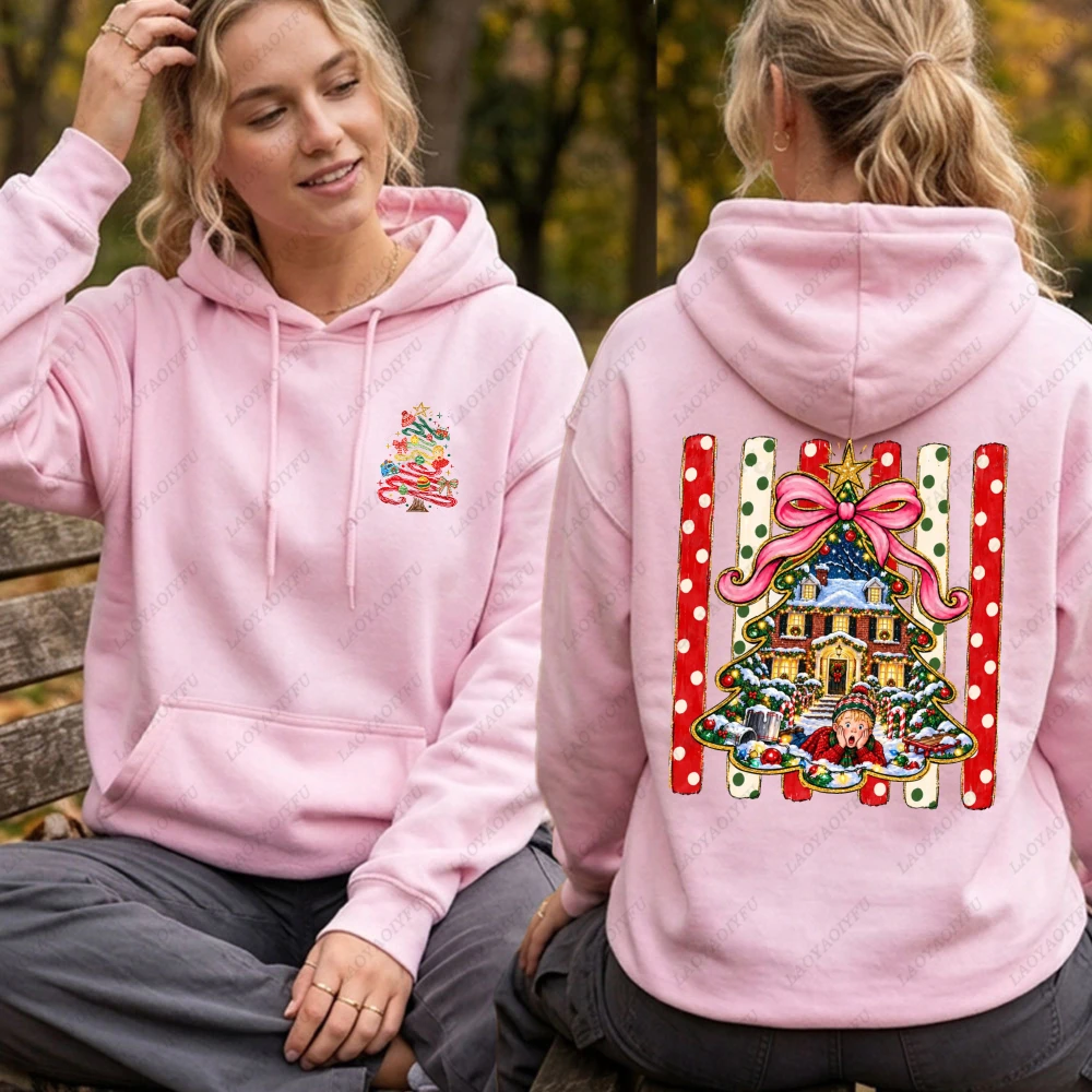 Home Alone Christmas Tree House Hoodie Pink Bow Graphic Sweatshirt Women Men Long Sleeve Pullover Cute Xmas Retro Movie Clothes
