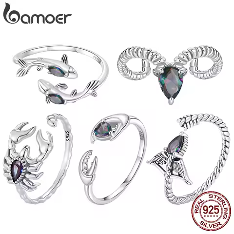 BAMOER 925 Sterling Silver Zodiac Sign Open Ring, Rainbow Oval Zircon 12 Constellation Ring for Women Girls Astrology Birthday