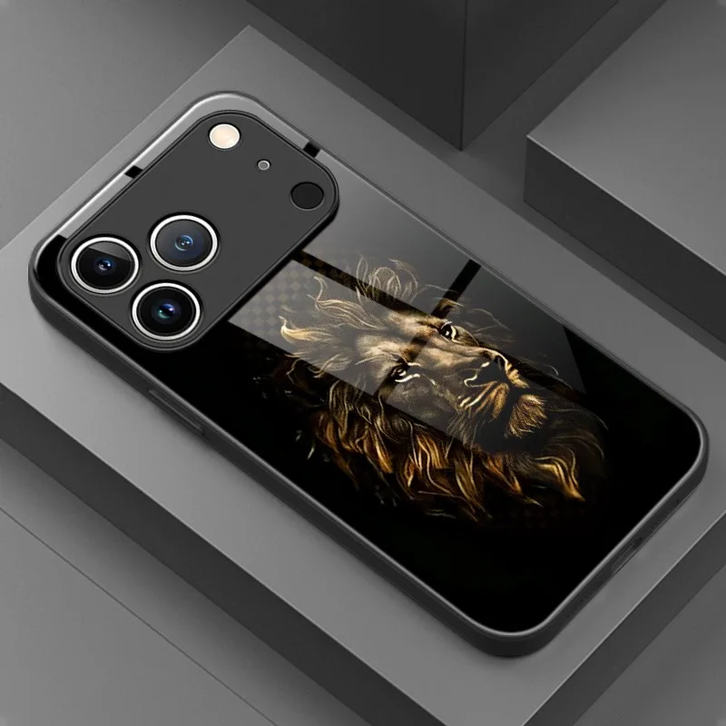 

Black Art Trend Lion Head Pattern Tempered Glass Phone Case For iPhone 17 16 15 Pro Max 14 13 12 11 17Air 7 8 Plus XR XS X Cover