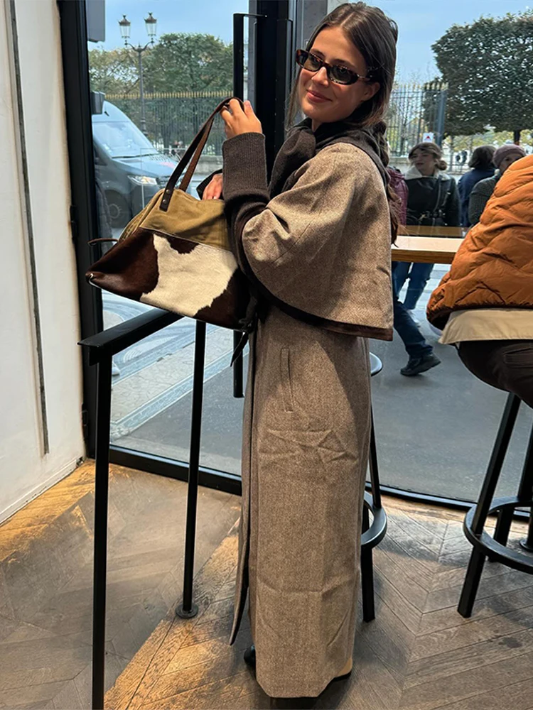 

Solid Cloak Overcoat Elegant Middle Sleeve Lapel Double Breasted Long Loose Coat Lady 2025 Autumn Winter Chic Cape Long Coat