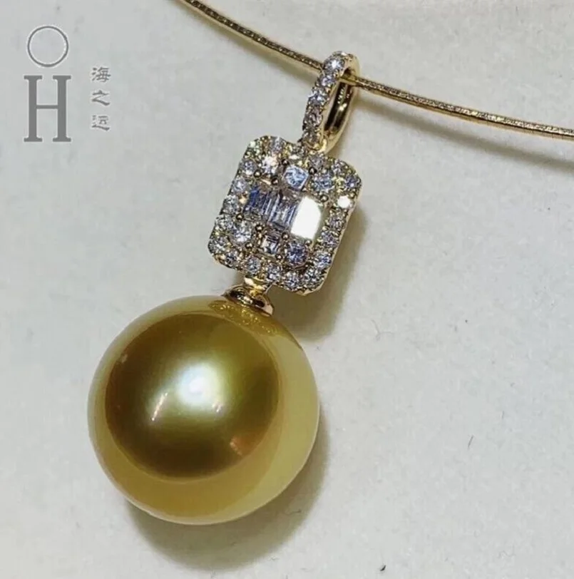 Large AAAAA 11-12mm South China Sea Round Gold Pearl Pendant Necklace 18 