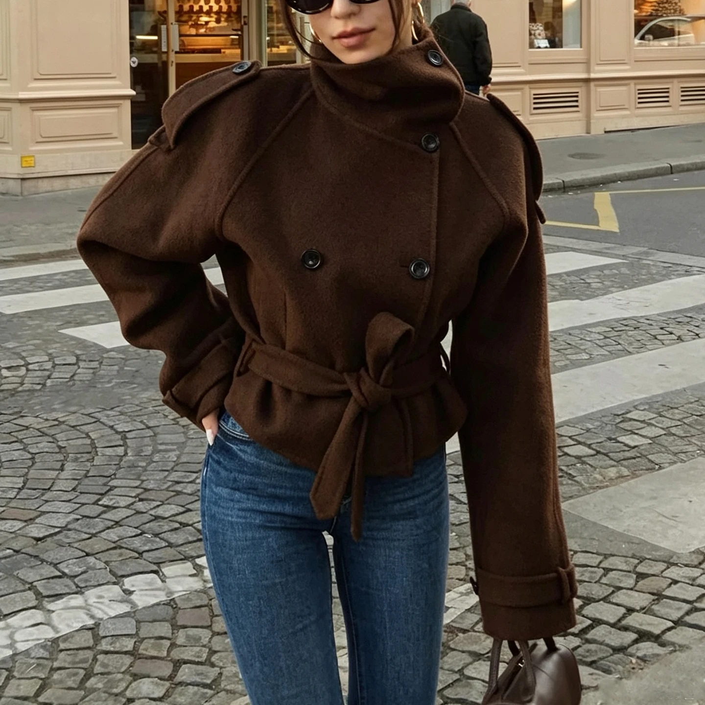 Women's Fashion Short Coat Autumn 2026 Casual Style Long Sleeve Stand Collar Double Buttoned Multi-Color Belted Outerwear
