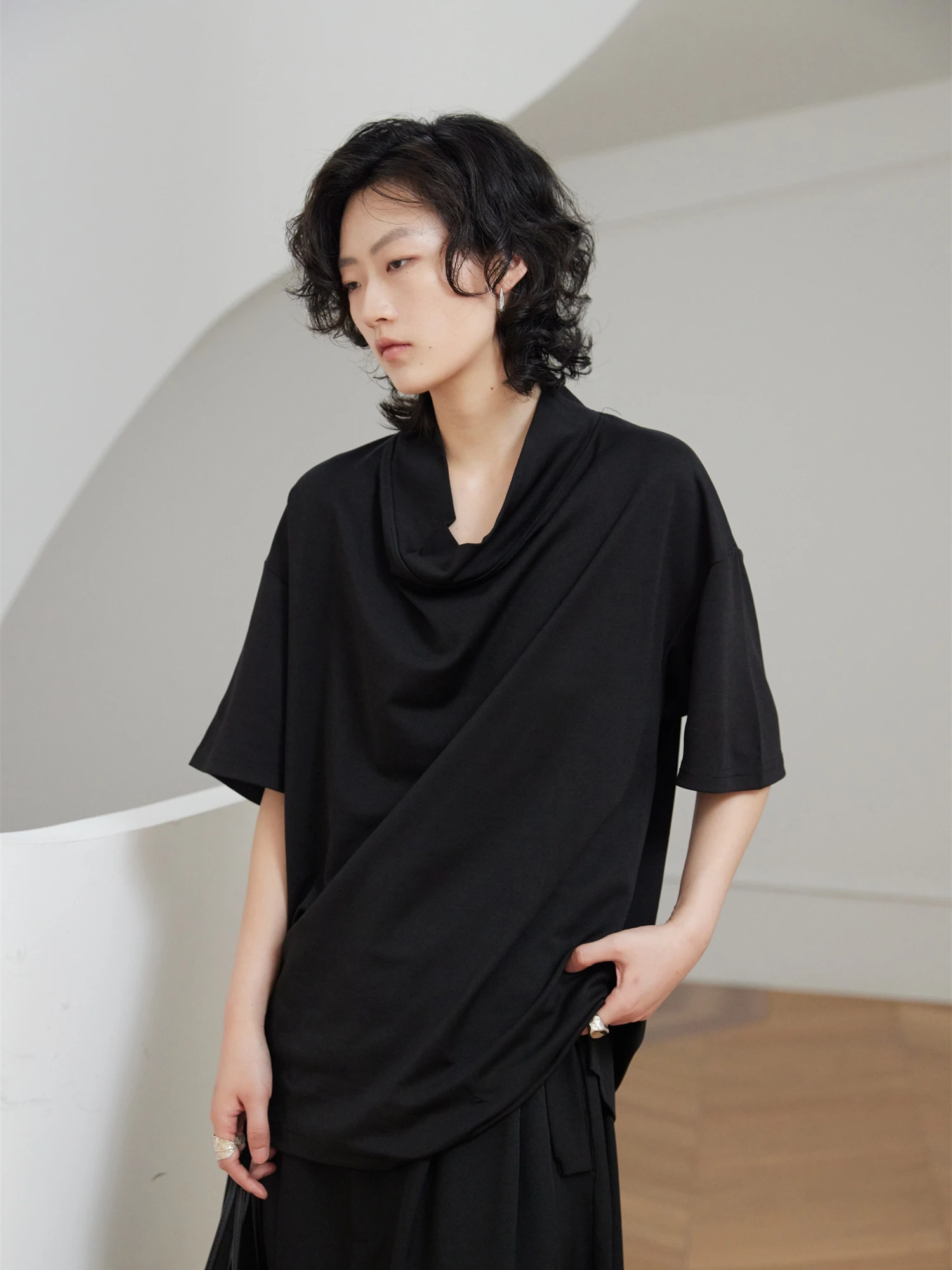 

Dark Loose Short Sleeve T-Shirt with Collar by SUNYVONNE22SS Commuter Style Polyester Classic Pattern Summer Wear