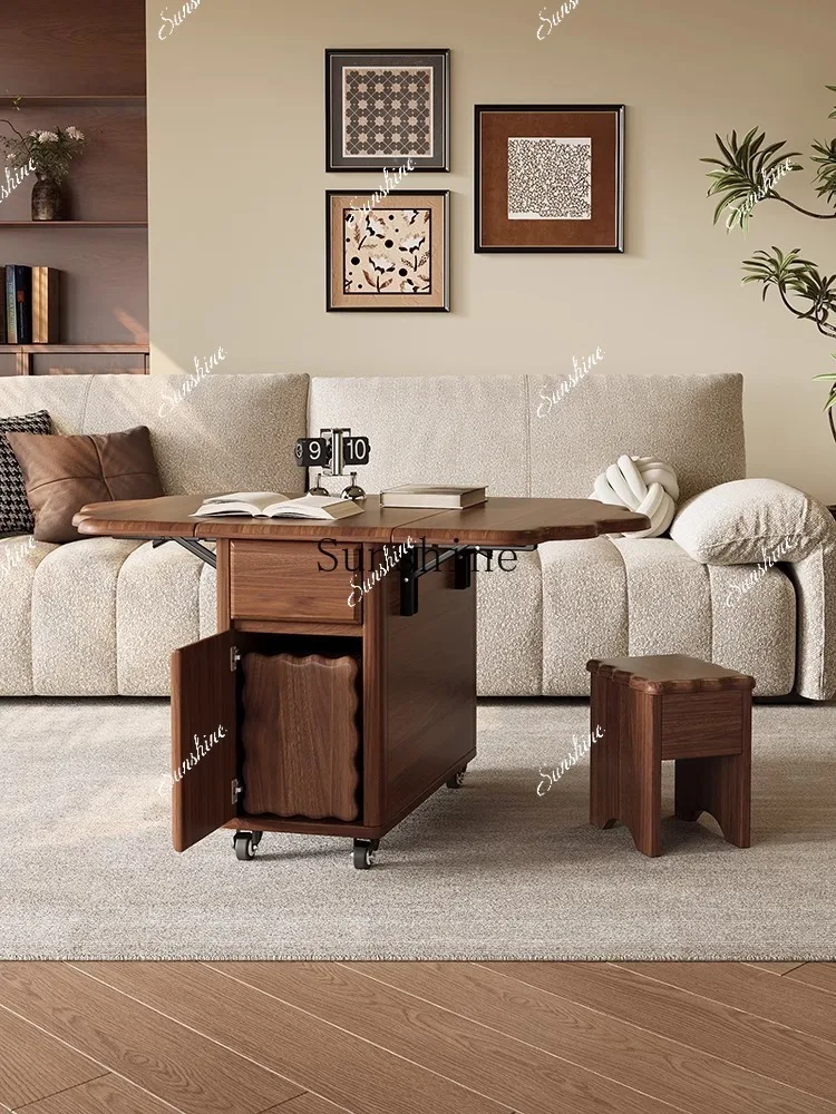 Movable folding walnut coffee table living room home multi-functional solid wood tea table  FT