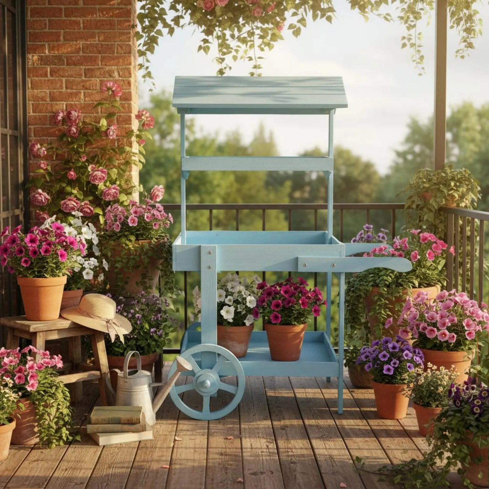 

Rustic Display Trolley Wheeled Design Farmhouse Display Trolley Home Decor Wheels Painted Wood for Balcony