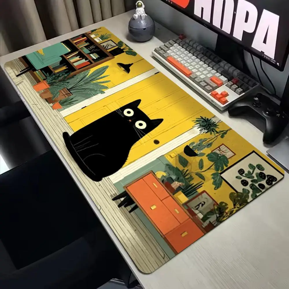 Oversized Desk Pad With Cartoon Black Cat Home Print Non Slip Rubber Stitched Edge XXL Mouse Mat For Gaming Office Laptop PC