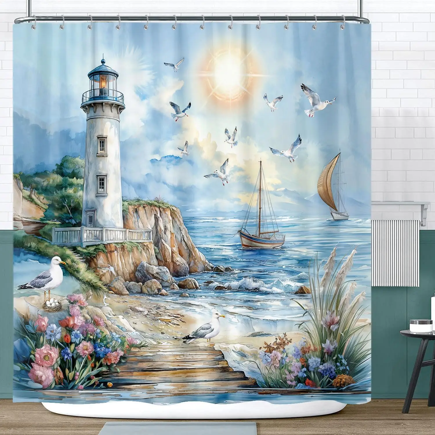 Coastal Nautical Lighthouse Shower Curtain, Boho Ocean Sailboat Seagull Seascape Blue Waterproof Bathroom Decor Curtain