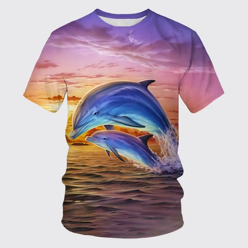 Summer New Cute Dolphin Pattern Men's Printed T-shirt Street Popular Harajuku Round Neck Plus Size Fashion Top Short Sleeve image 4