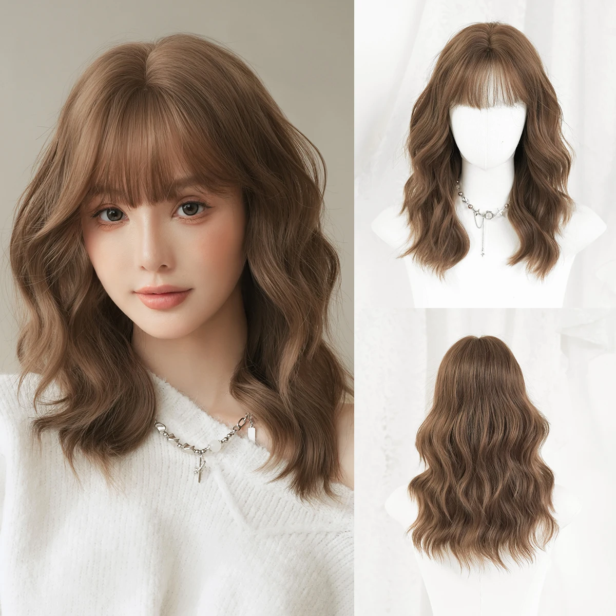 

7JHH WIGS Shoulder Length Water Wave Honey Brown Wig for Women Synthetic Modest Fashion Wear and Go Wigs with Neat Bangs