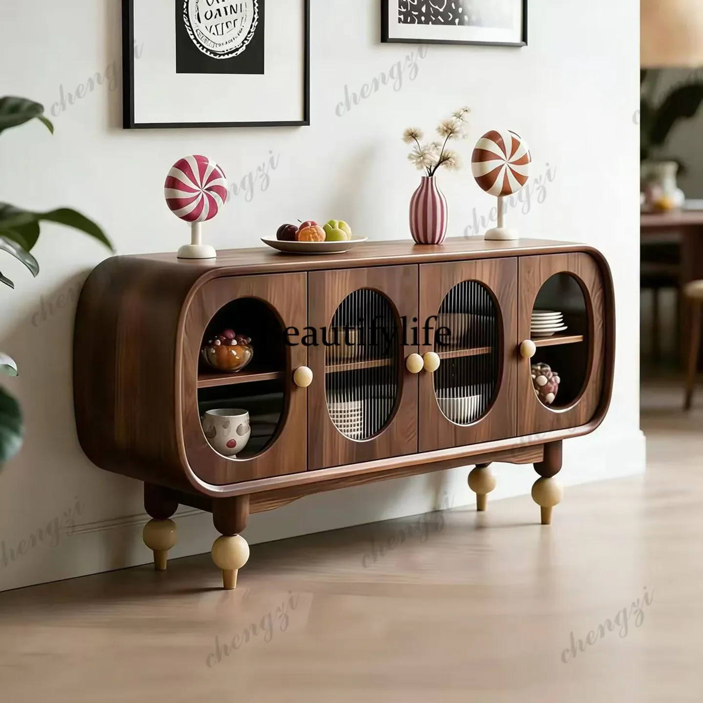 a68 Retro solid wood dining side cabinet oval glass locker simple European light luxury furniture