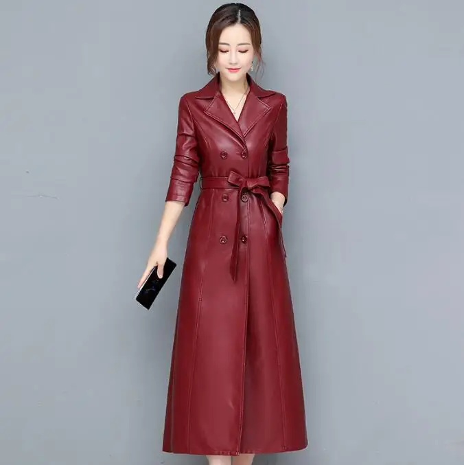 Frühling Herbst langer Mantel schwarzer Pu Leder Trenchcoat für Frauen Gürtel Zweireiher Casual Fashion Slim Jacke