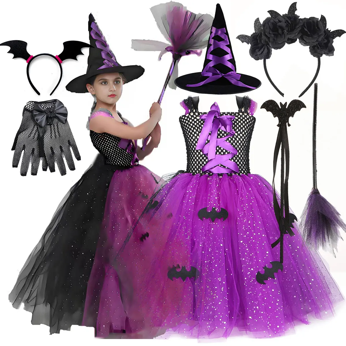 

2025 Girls Cosplay Purple Witch Sleeveless Princess Dress Halloween Easter Party Children's Horror Cute Dress + Accessories Set